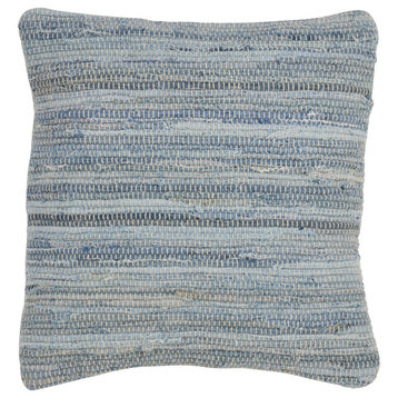 Down Filled Cotton Throw Pillow With Chindi Design, 20"x20", Denim
