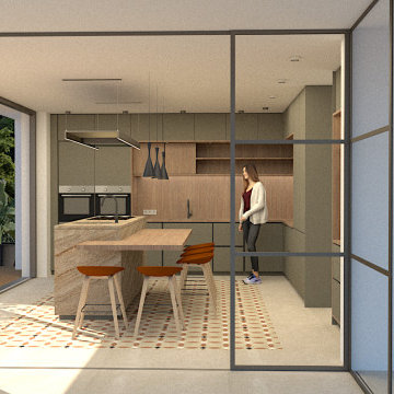 3D - Blick vom Esszimmer in die Küche mit den Glasschiebetüren im industriellen