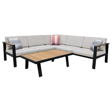 Armen Living Nofi Outdoor Sectional Set, Charcoal Finish With Taupe Cushions