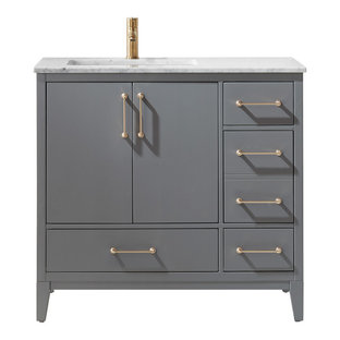 Esempio di una piccola stanza da bagno con doccia moderna con ante lisce, ante blu, vasca freestanding, bidè, piastrelle in ceramica, pavimento in laminato, lavabo sottopiano, top in marmo, top bianco, un lavabo, mobile bagno freestanding, soffitto a volta, doccia a filo pavimento, piastrelle bianche, pareti bianche, pavimento giallo e doccia aperta