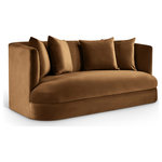 Meridian Furniture - Alder Upholstered Chair, Saddle, Velvet, Loveseat - The Alder saddle velvet upholstered loveseat is an invitation to relax. Its rounded silhouette and soft velvet upholstery create a cozy and inviting space, perfect for relaxing with someone special. Whether you're hosting guests or enjoying a quiet evening, this loveseat brings warmth and style to any room.