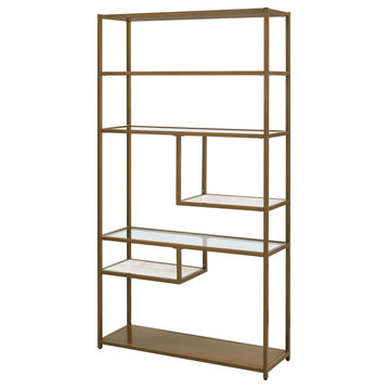 Modern Bookcase, Geometric Design With Glass & Faux Marble Shelves, Brass/White