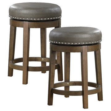Set of 2 Counter Stool, Backless Design With Swiveling Faux Leather Seat, Gray