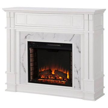 Elegant White TV Stand with Faux Marble Electric Fireplace and Hidden Storage
