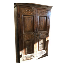 Mogul Interior - Consigned Antique Armoire Accent Cabinet Rustic Floral Sunrays Storage Luxury - Armoires and Wardrobes