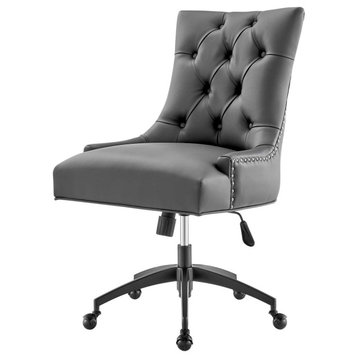 Computer Work Desk Tufted Chair, Faux Vegan Leather, Black Gray, Home Office