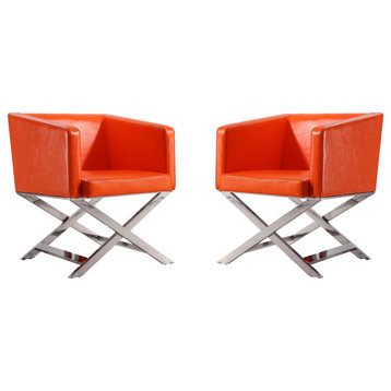 Manhattan Comfort Hollywood Chrome Faux Leather Lounge Chair, Orange, Set of 2