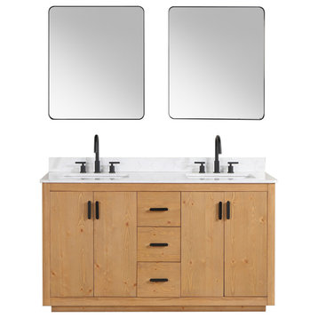 Perla Bathroom Vanity, Natural Wood, White Composite Stone Top, 60", With Mirror