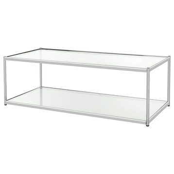 Elegant Coffee Table, Shiny Metal Frame With Glass Top and Shelf, Chrome/Clear