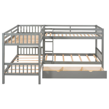 Gewnee Solid Wood Twin L-Shaped Bunk bed with Drawers in Gray