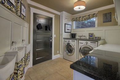 Inspiration for a mid-sized transitional l-shaped porcelain tile utility room remodel in Other with shaker cabinets, white cabinets, granite countertops and a side-by-side washer/dryer