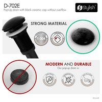 STYLISH Vessel Sink Pop-Up Drain with black ceramic cap without overflow