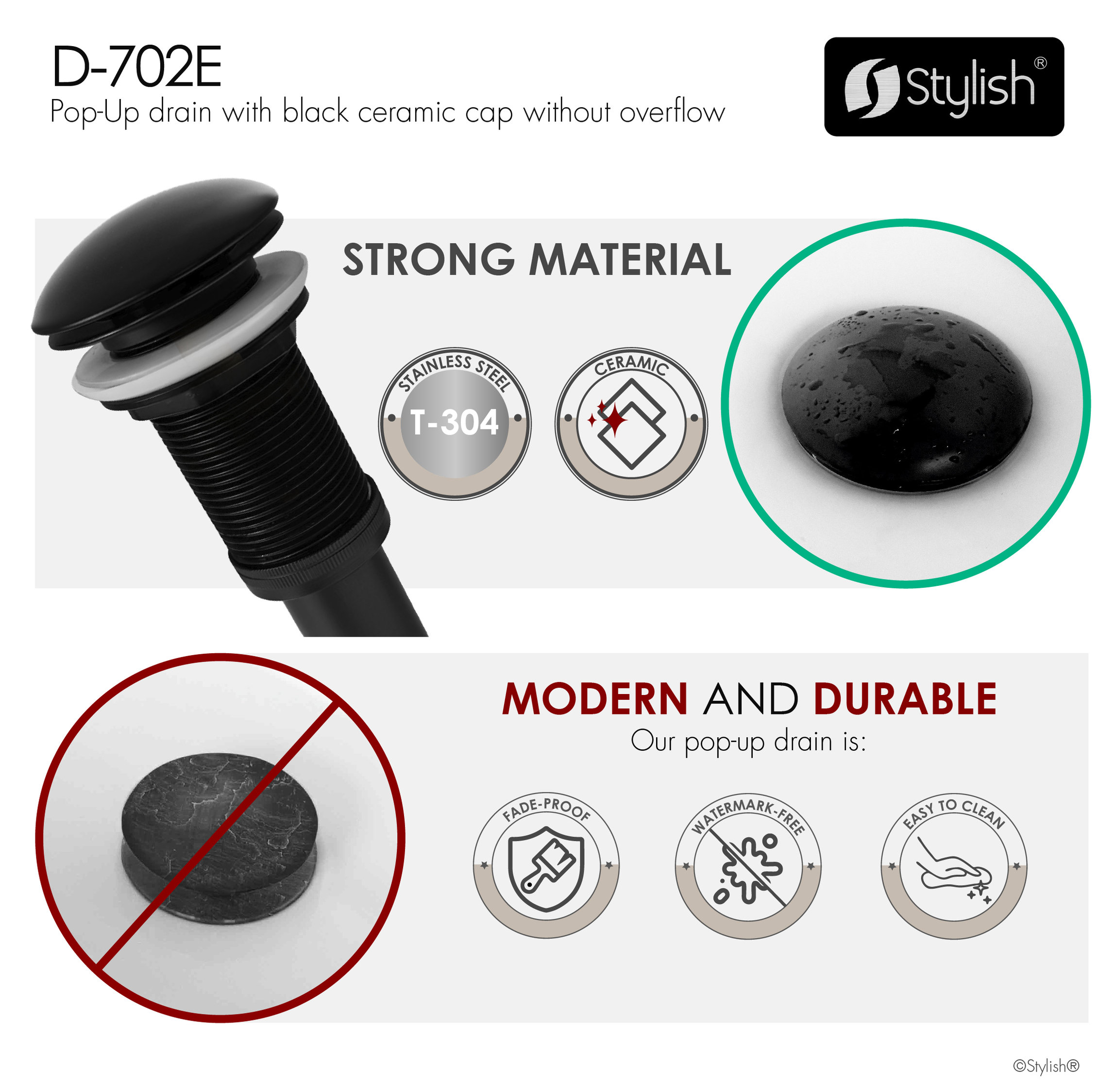 STYLISH Vessel Sink Pop-Up Drain with black ceramic cap without overflow