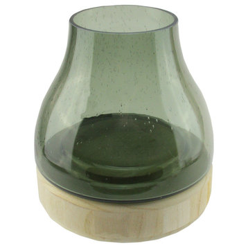 7.75" Storm Gray Bubble Glass Pillar Candle Holder with Wooden Base
