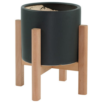 Large Ceramic Cylinder Planter 10'' Black With Wood Plant Stand Natural Color