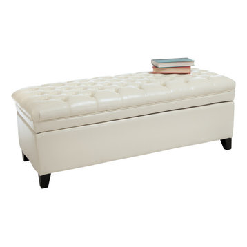 Luka Contemporary Bonded Leather Tufted Storage Ottoman Bench, Ivory