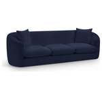 Meridian Furniture - Penelope Upholstered Sofa, Navy, Chenille Fabric - Discover the sophisticated charm of the Penelope sofa, crafted in luxurious soft navy chenille fabric. This elegant piece features a solid wood inner frame for durability and a contemporary design that elevates any space. Included pillows enhance its comfort and style, making it an ideal centerpiece for gatherings. Transform your home with the true embodiment of refined taste and timeless beauty.