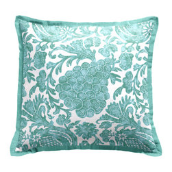 Floral Outdoor Pillow with Aqua Flange - Outdoor Cushions And Pillows