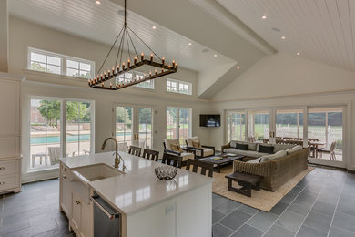 Living room - large transitional open concept ceramic tile living room idea in Chicago with white walls, no fireplace and a wall-mounted tv