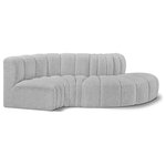 Meridian Furniture - Arc Boucle Fabric Upholstered 4-Pc. S-Shaped Modular Sectional, Grey - Give your living room or den the perfect blend of style and versatility with this Arc boucle fabric curved modular Sectional. Part of the Arc modular furniture collection, this Sectional comes upholstered in rich grey boucle fabric and features deep channel tufting that adds a touch of luxury while enhancing comfort and support. A seamless combination of form and function, this chair can be used with other Arc pieces to create a myriad of configurations in your well-curated room.