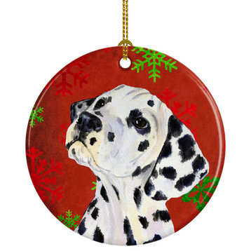 SS4699-CO1 Dalmatian Red Snowflakes Holiday Christmas Ceramic Ornament