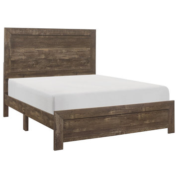 Rustic Panel Design Wooden Queen Size Bed With Block Legs Support, Brown