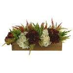 Creative Displays - Fall Hydrangea Arrangement in Wooden Basket - Welcome the rustic charm of autumn with this beautiful Fall Hydrangea Arrangement in a wooden basket. With a handcrafted wooden basket and arrangement of cream Hydrangea, Tan Pampas, Burgundy Hydrangea Bunch, Orange Wheat, and Green Heather, this stunning arrangement is full of color and texture. It arrives ready to make a statement in any room! Plus, since it's faux, you won't need to worry about any messy water spills or maintenance. This piece makes a great addition to any home or office, and is perfect for enjoying the warmth of autumn all year around. Made of high quality and durable materials, this Fall Hydrangea Arrangement in Wooden Basket is sure to become your favorite autumn companion.