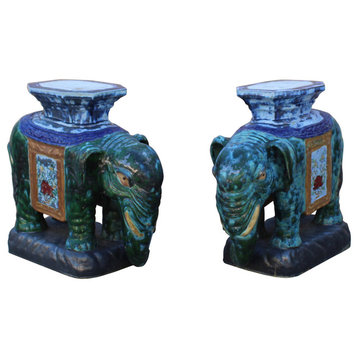 Ceramic Handmade Chinese Green Blue Oriental Elephant Figures, 2-Piece Set