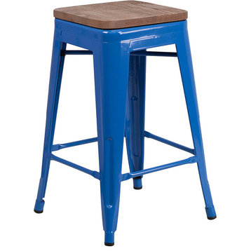 24" High Backless Blue Metal Counter Height Stool With Square Wood Seat