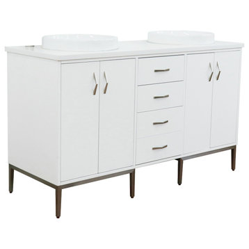 61" Double Sink Vanity, White Finish With White Quartz And Round Sink
