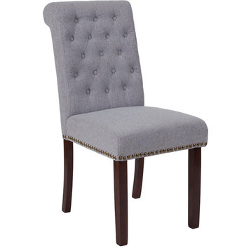 Light Gray Fabric Parsons Chair,Rolled Back, Accent Nail Trim and Walnut Finish