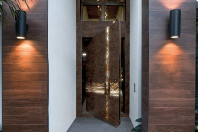 Ispirazione per una grande porta d'ingresso contemporanea con una porta a pivot e una porta marrone