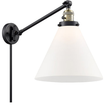X-Large Cone 1 Light Swing Arm or Wall Lamp, Black Antique Brass, Matte White