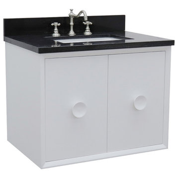 31" Single Wall Mount Vanity, White Finish With Black Galaxy Top