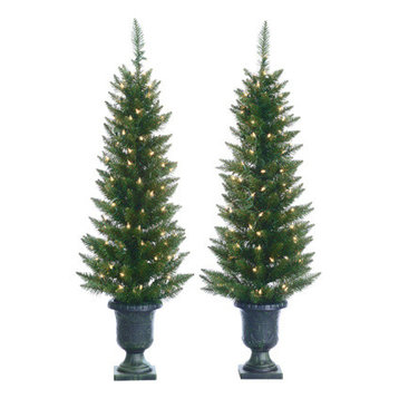 Potted Cedar Pine Trees With 100 Clear Lights, 4 Foot, Set of 2