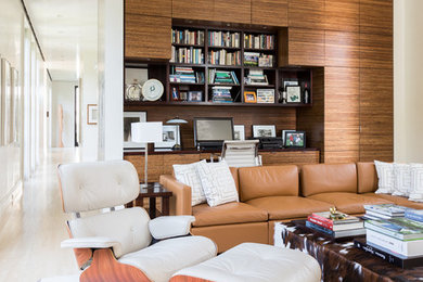 Living room library - mid-sized 1950s enclosed porcelain tile and white floor living room library idea in Miami with white walls, no fireplace and no tv