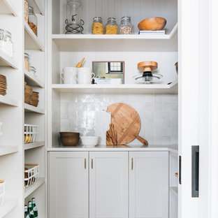 Photo of a transitional u-shaped kitchen pantry in Chicago with shaker cabinets, grey cabinets, grey splashback, light hardwood floors, no island, beige floor and white benchtop.