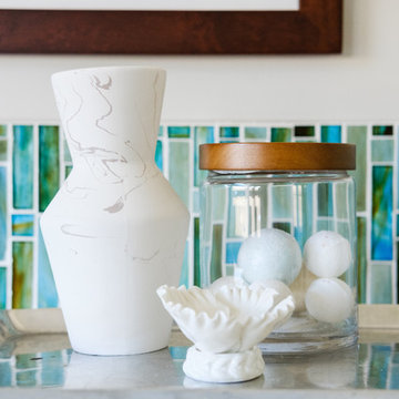 White & Bright Master Bathroom w/ Teal mosaic tile backsplash & Freestanding tub