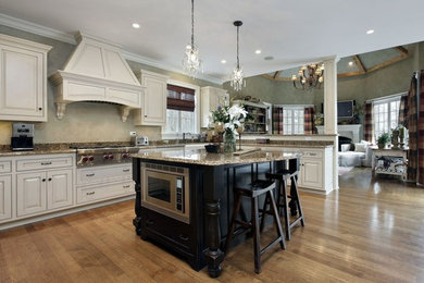 Design ideas for an expansive country galley eat-in kitchen in Baltimore with white cabinets, granite benchtops, stainless steel appliances, with island, raised-panel cabinets, multi-coloured splashback and light hardwood floors.