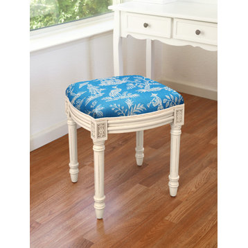 Canton Graden-Navy, Print Linen Upholstered Vanity Stool, French Blue