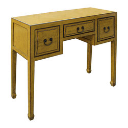 Chinese Distressed Yellow Lacquer 3 Drawers Table Desk - Desks And Hutches