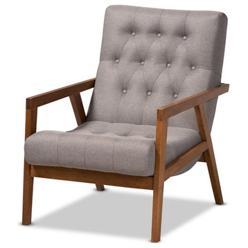 Modern Grey Fabric Upholstered Walnut Finished Wood Armchair