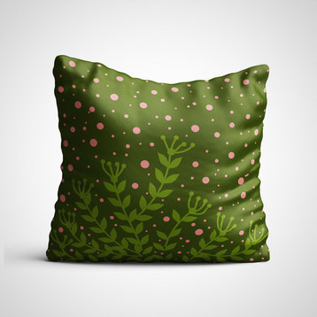 Green Leaves, Pink Polka Dots Green Throw Pillow Case