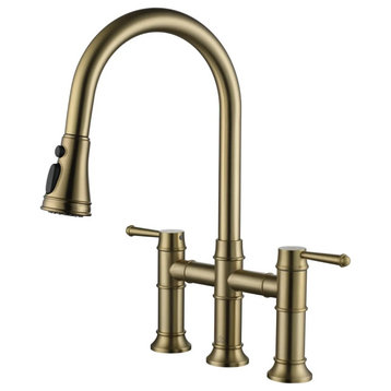 Kitchen Faucet Centerset Bridge 2-Handle 3-Function Pull-Down Spray Brushed Gold
