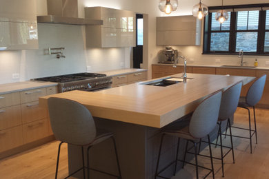Example of a minimalist kitchen design in Denver with flat-panel cabinets and gray cabinets