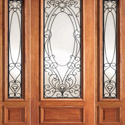 Victorian Ironwork Glass, Mahogany Prehung Door Two Sidelites - Front Doors