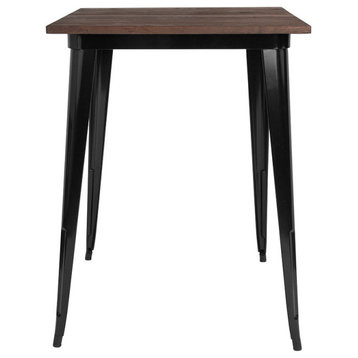 31.5" Square Black Metal Indoor Bar Height Table With Walnut Rustic Wood Top