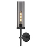 Innovations Lighting - Lincoln, 1 Light 12" Sconce, Matte Black, Plated Smoke Glass - The Lincoln collection makes a statement with bold and striking details. The impressive glass cylinder shade sits atop a refined metal frame that features perfectly placed knurling details. Lincoln is a gorgeous addition to traditional or restoration decor.