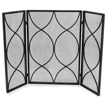 Laylah Modern Three Panel Iron Firescreen, Black Silver Finish