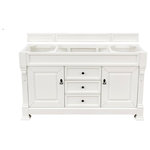 James Martin Vanities - Brookfield 60" Single Vanity, Bright White w/ 3 CM Arctic Fall Solid Surface Top - The Brookfield 60" Bright White single vanity by James Martin Vanities features hand carved accenting filigrees and raised panel doors. Two doors on either side, open to shelves for storage below. Three center drawers, made up of a lower double-height drawer and both middle and top short-length standard drawers, offer additional storage space. Antique brass finish door and drawer pulls. Matching wood backsplash is included. The look is completed with a 3cm eased edge Arctic Fall Solid Surface top with a white porcelain rectangular sink.